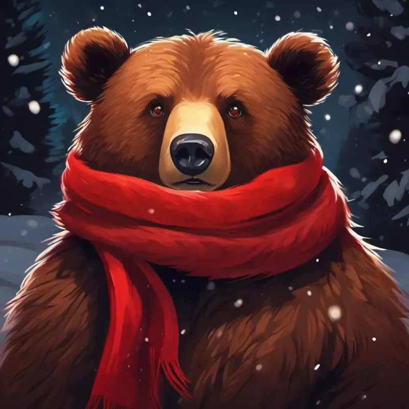 Furry brown bear, bright-eyed, with a red scarf expressing fear of the dark.