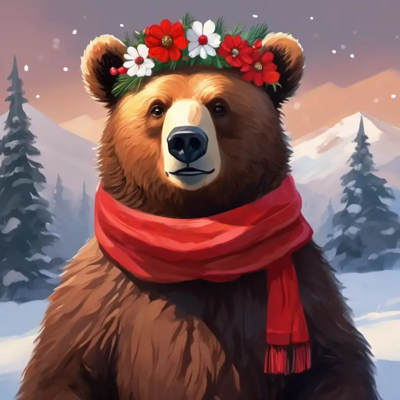 Gentle brown bear, wise eyes, wearing a flower crown acknowledging Furry brown bear, bright-eyed, with a red scarf's newfound bravery.