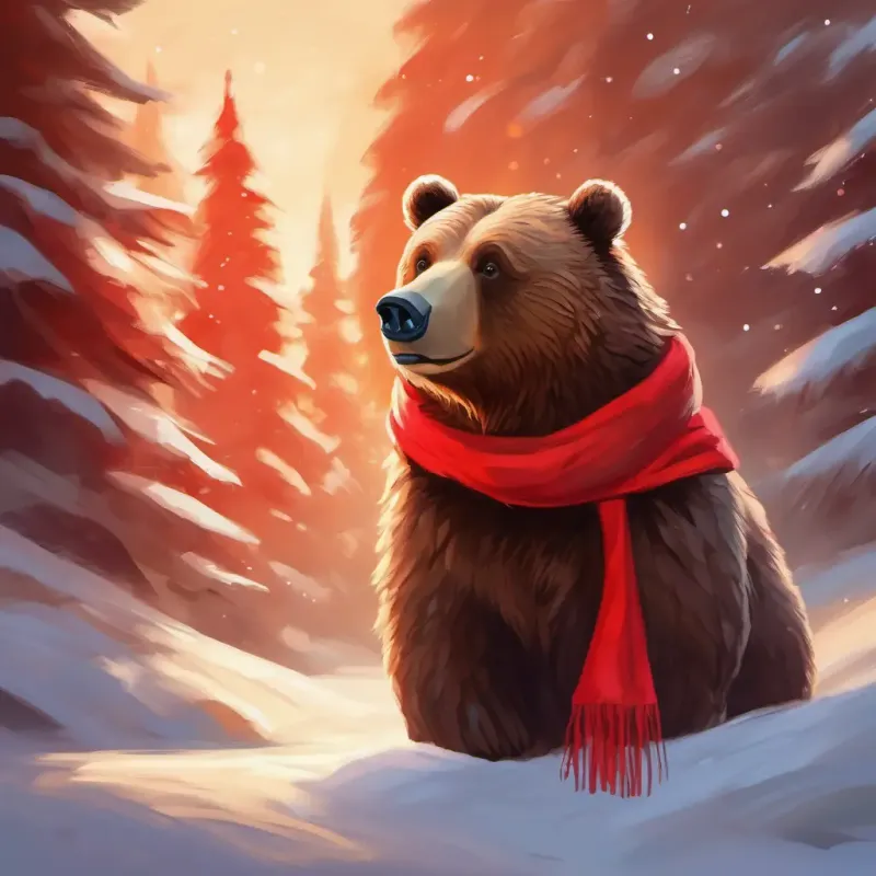 Furry brown bear, bright-eyed, with a red scarf's realization and confidence in facing fears.