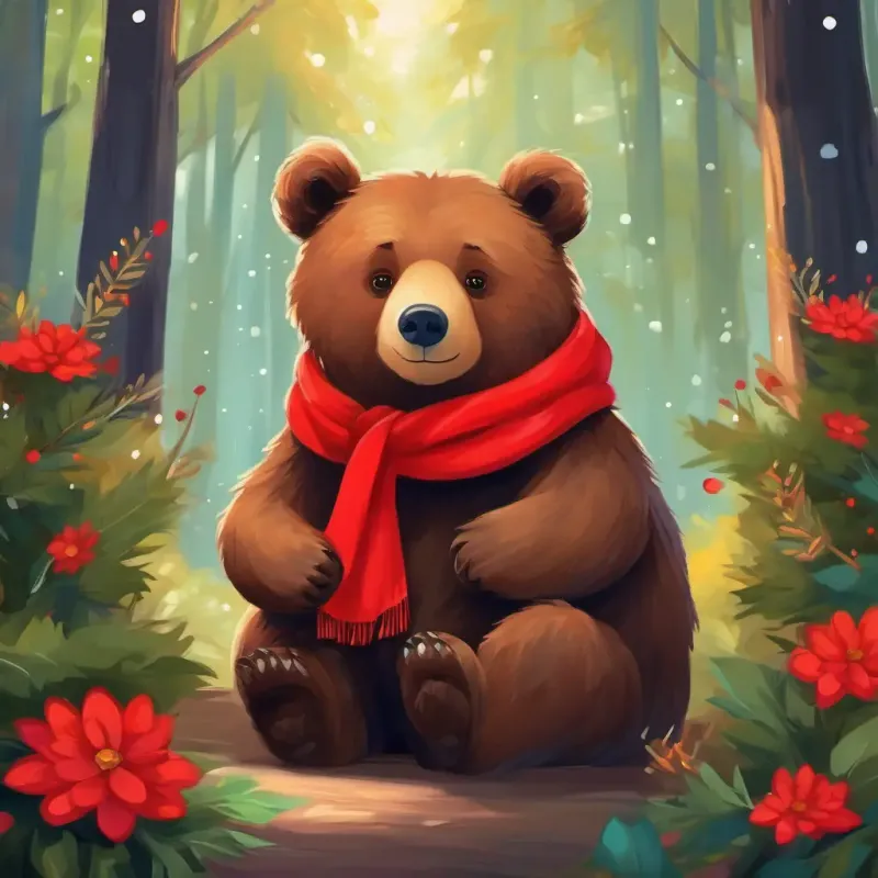 Gentle brown bear, wise eyes, wearing a flower crown comforting Furry brown bear, bright-eyed, with a red scarf in the forest.
