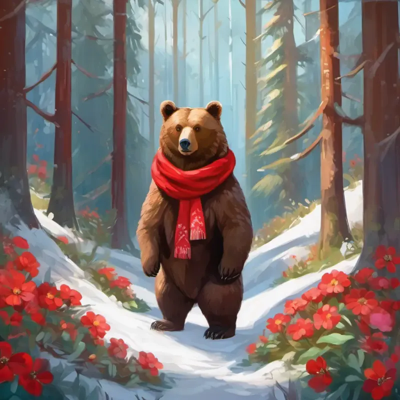 Gentle brown bear, wise eyes, wearing a flower crown and Furry brown bear, bright-eyed, with a red scarf finding a way to feel safe in the forest.