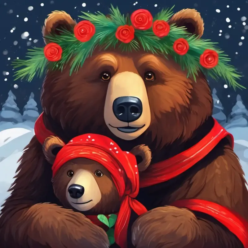Gentle brown bear, wise eyes, wearing a flower crown comforting Furry brown bear, bright-eyed, with a red scarf about the scary noise.