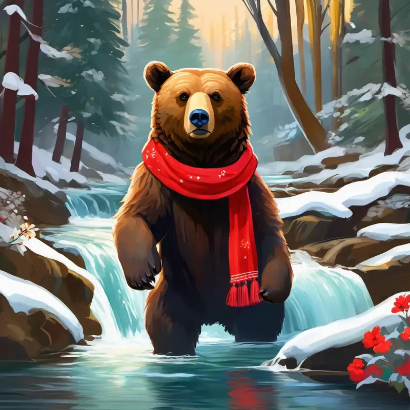Gentle brown bear, wise eyes, wearing a flower crown and Furry brown bear, bright-eyed, with a red scarf encountering the stream in the forest.