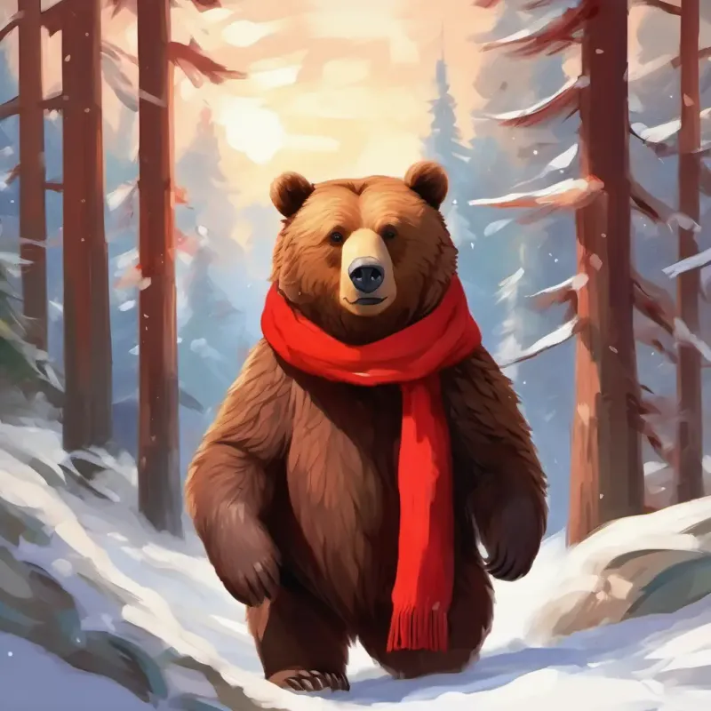 Returning to their den, Furry brown bear, bright-eyed, with a red scarf feeling calm and comforted.
