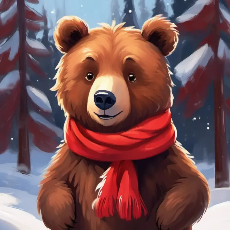 Furry brown bear, bright-eyed, with a red scarf feeling more courageous after overcoming his anxiety.