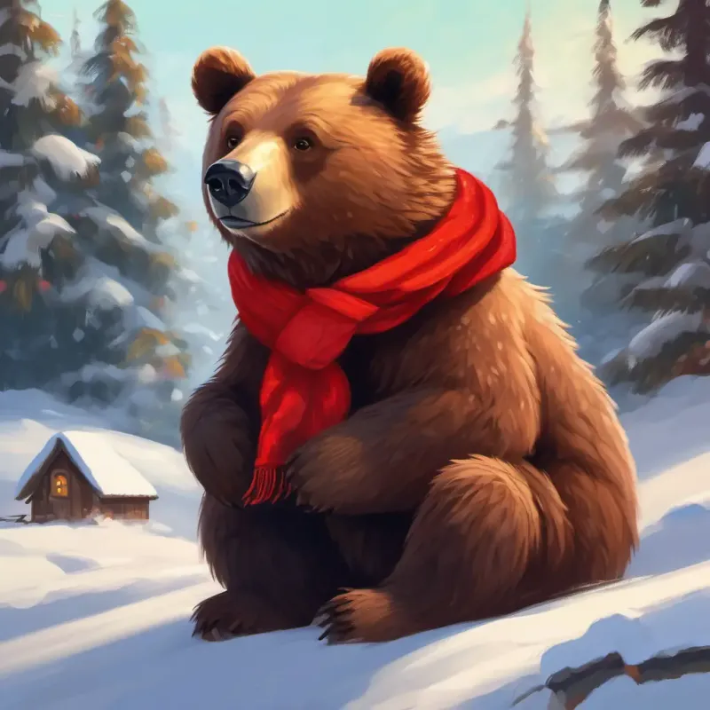 Furry brown bear, bright-eyed, with a red scarf enjoying the simple pleasures, showing progress and growth.