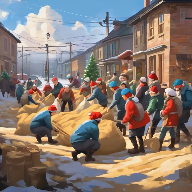 Community working together, filling sandbags, preventing floods.