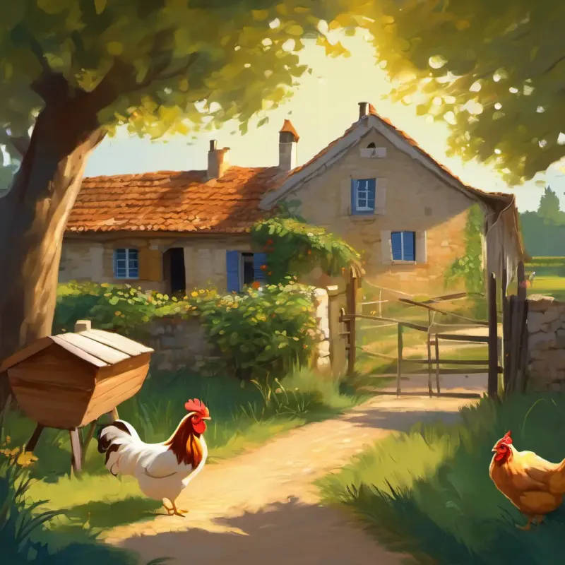 Aiguifié petit garçon, cheveux bruns, yeux curieux et remplis de joie's home in Charente Maritime, countryside setting, chickens