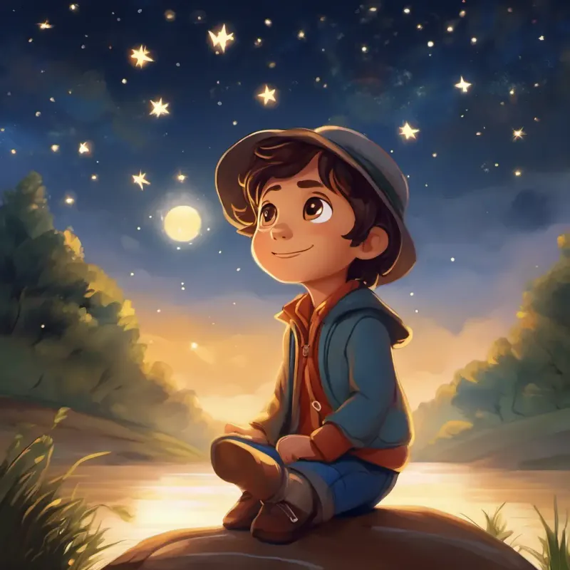 Aiguifié petit garçon, cheveux bruns, yeux curieux et remplis de joie reflects on adventure, life's magic, under stars