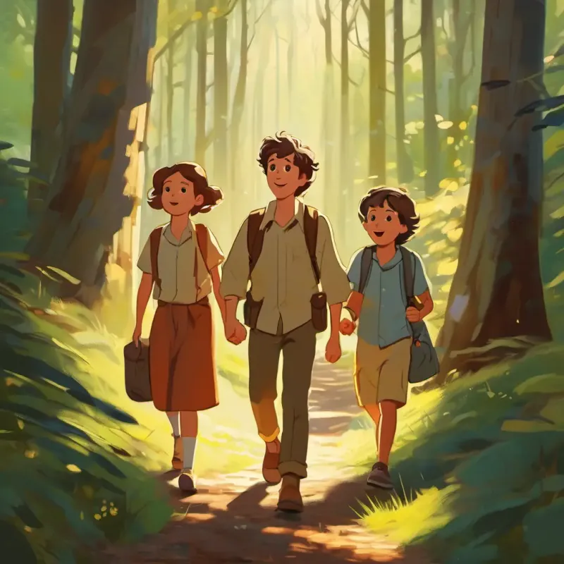 Family walking in forest, Aiguifié petit garçon, cheveux bruns, yeux curieux et remplis de joie spots a strange light