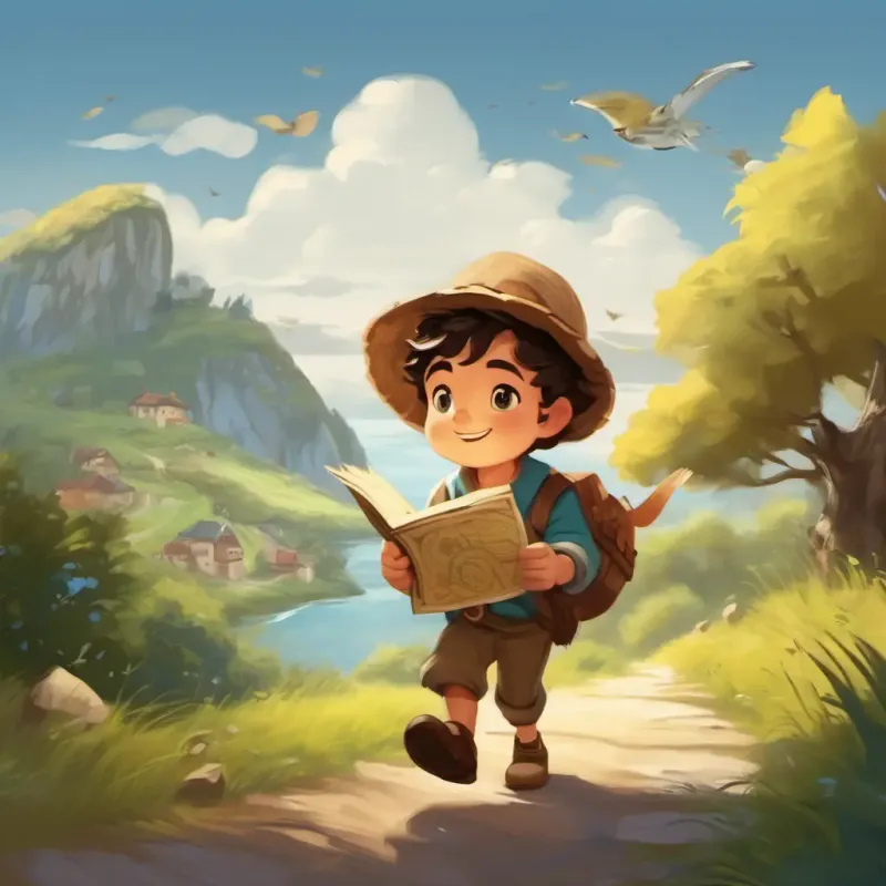 Aiguifié petit garçon, cheveux bruns, yeux curieux et remplis de joie finds an old scroll, a map with a path