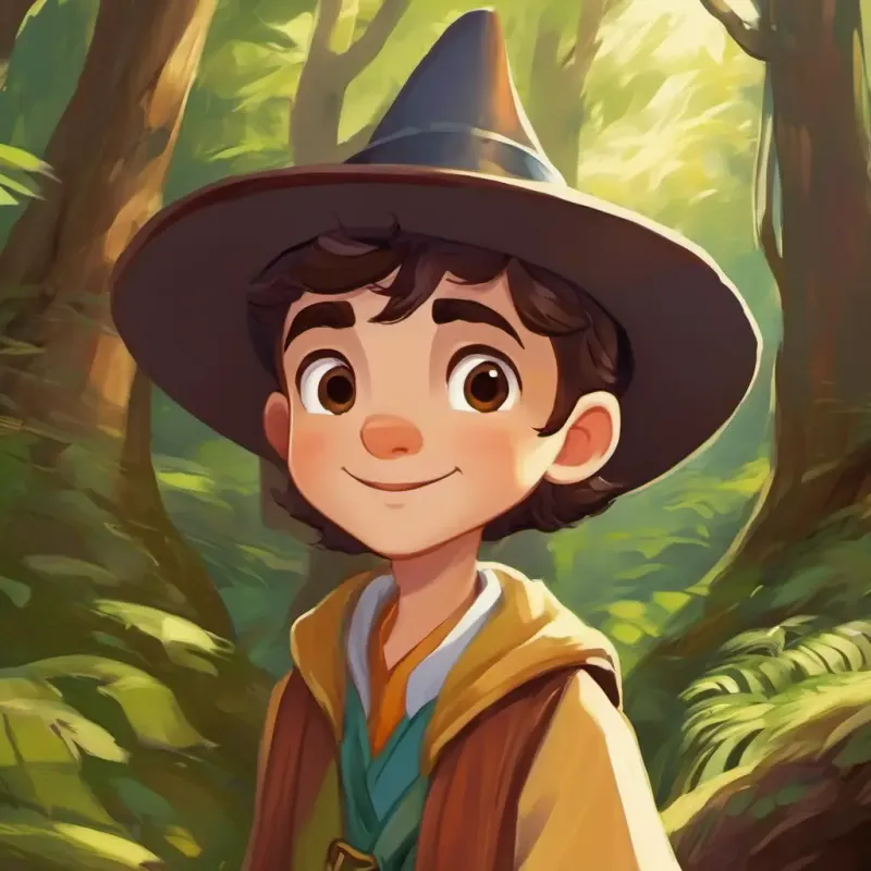 Aiguifié petit garçon, cheveux bruns, yeux curieux et remplis de joie meets Mage âgé, longue barbe blanche, chapeau pointu, yeux pétillants, the Forest Mage