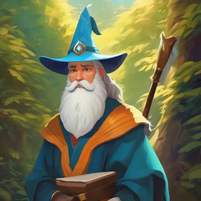 Mage âgé, longue barbe blanche, chapeau pointu, yeux pétillants introduces himself as the guardian