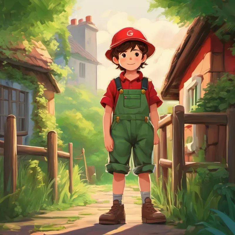 A boy with messy brown hair and green overalls. wearing a red hat, standing in front of his house