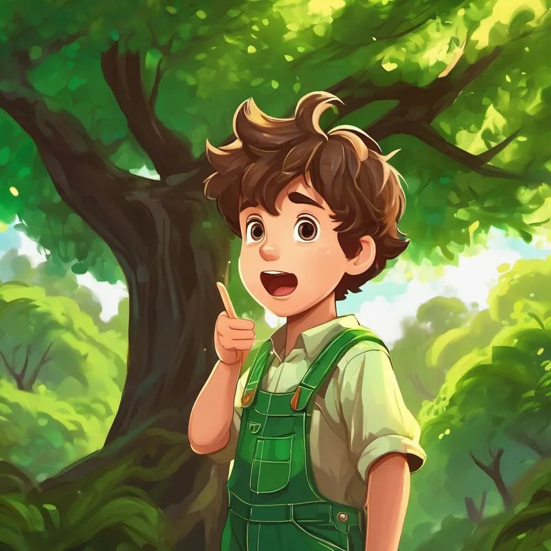 A boy with messy brown hair and green overalls. looking surprised, pointing at a glowing tree