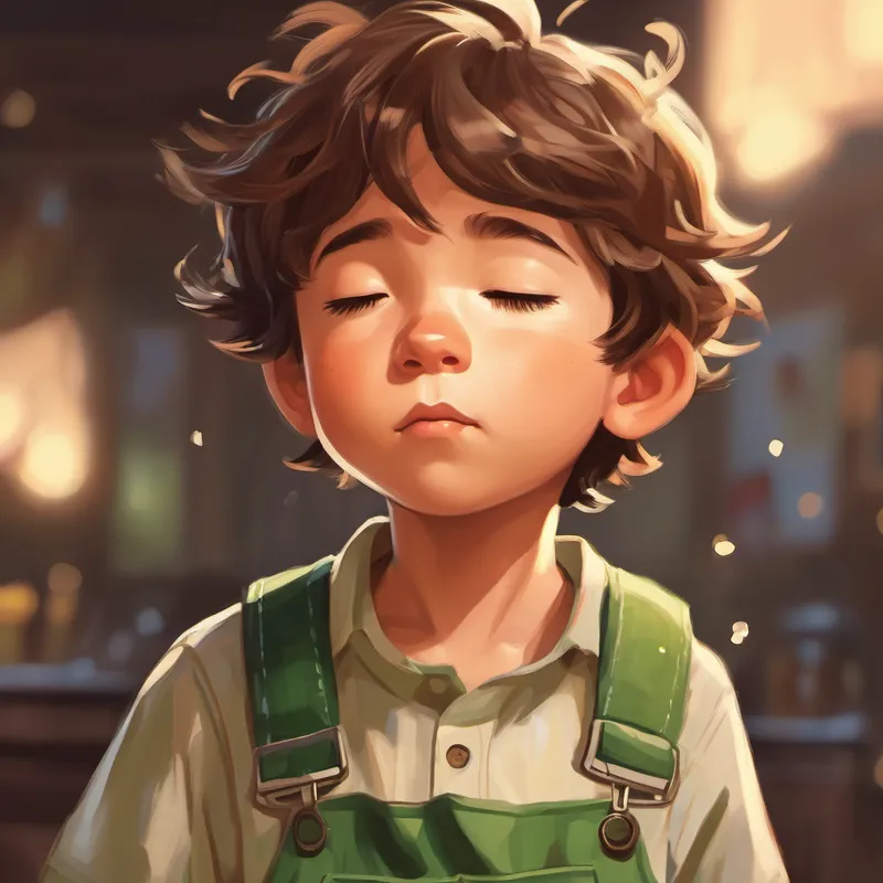 A boy with messy brown hair and green overalls. making a wish with his eyes closed
