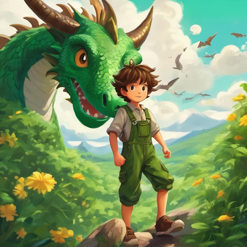 A boy with messy brown hair and green overalls. with a dragon flying beside him