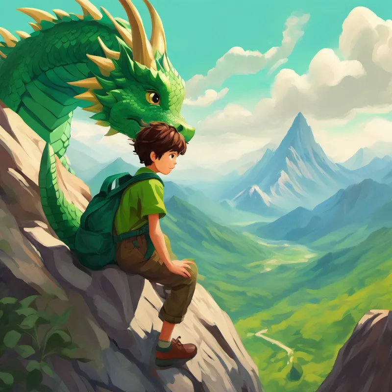 A boy with messy brown hair and green overalls. and dragon climbing a mountain together