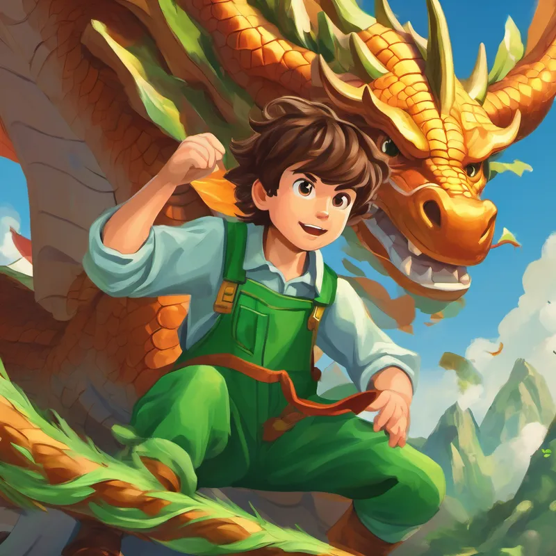 A boy with messy brown hair and green overalls. and dragon using their powers to defeat a wizard