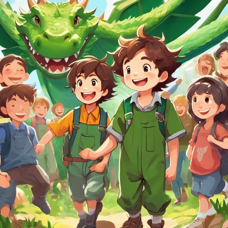 A boy with messy brown hair and green overalls. and dragon smiling, surrounded by happy people