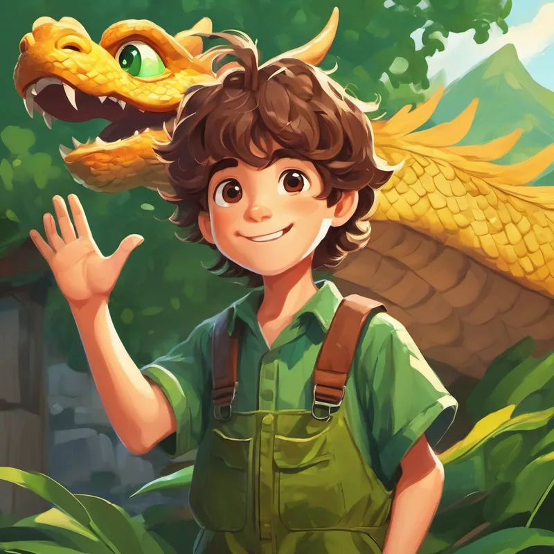 A boy with messy brown hair and green overalls. and dragon waving goodbye to readers