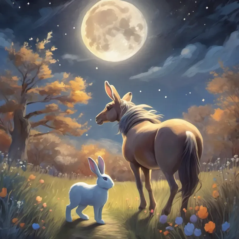 A whimsical rabbit gazes at the moon with a horse standing beside him, under a starry night sky.