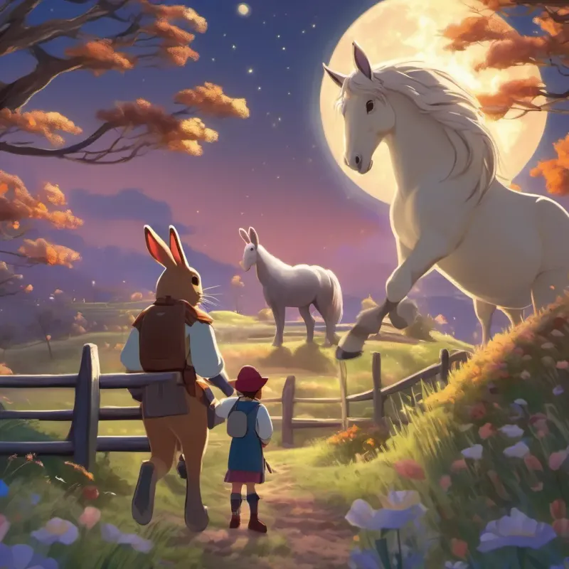 A rabbit and a horse excitedly talking to each other under the glowing moon.