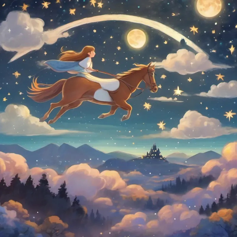 Rabbit and horse flying through the starry sky towards the luminous moon.