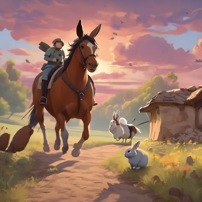 A rabbit and a horse facing an army of cockroaches on a dirt path.