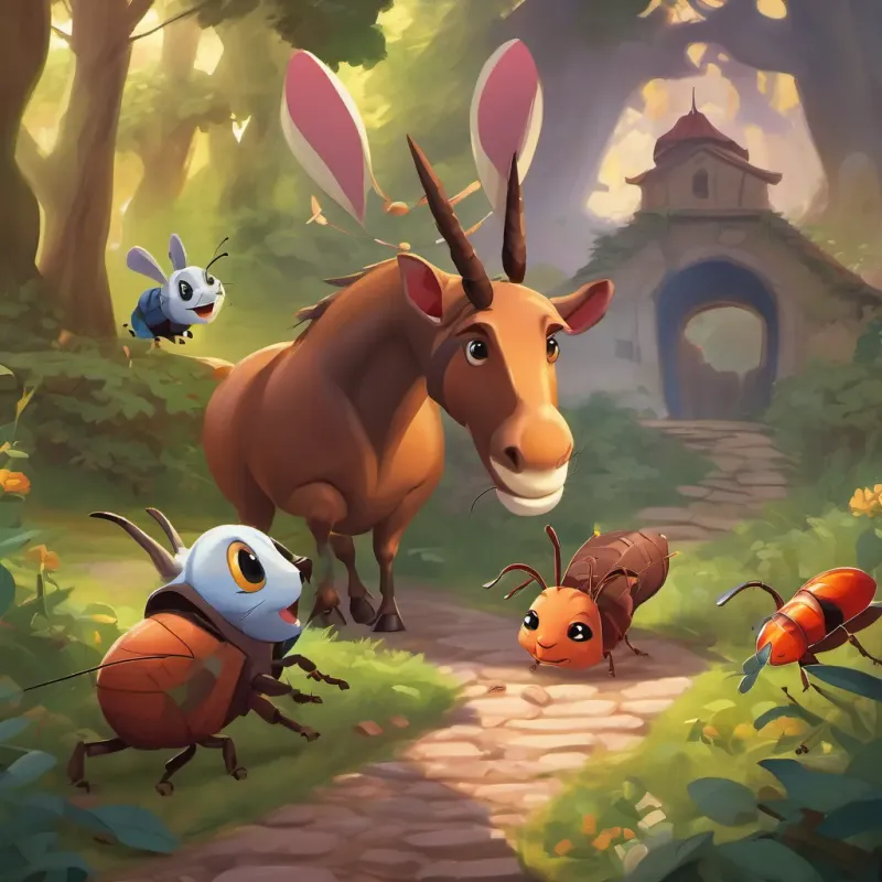 Mischievous cockroaches blocking a path with mischievous expressions blocking the rabbit and horse's path.