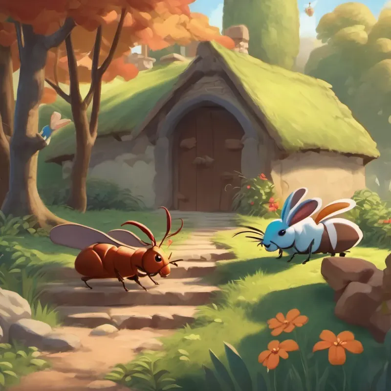 Mischievous cockroaches blocking a path moving aside to let the rabbit and horse pass.