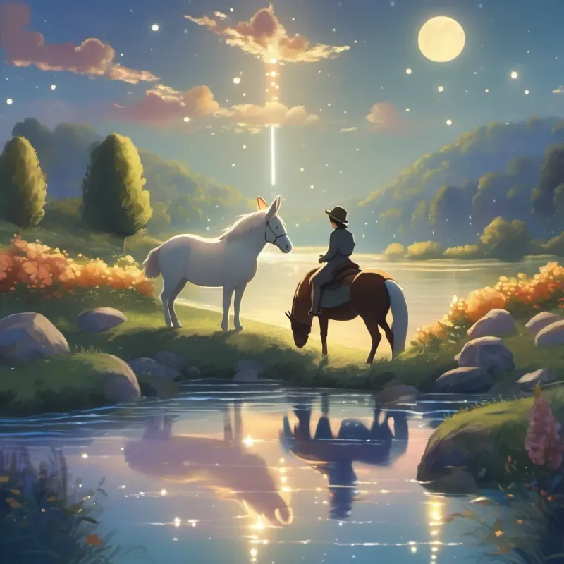 Rabbit and horse standing beside a sparkling river under the moonlight.