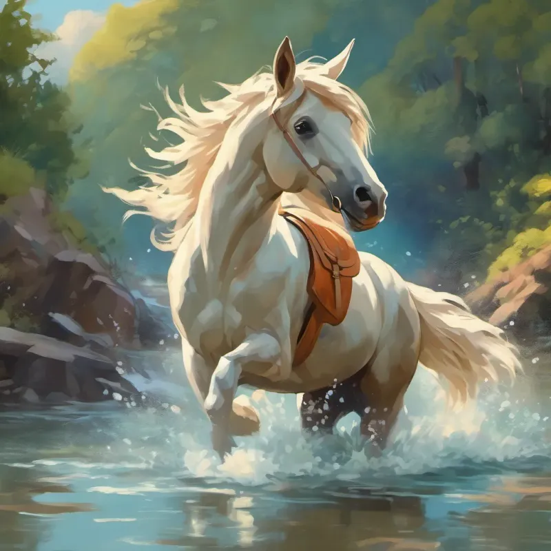 Horse with a rabbit on its back splashing through a river.