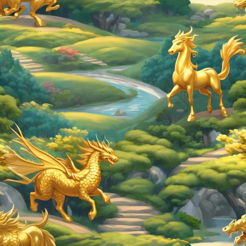 A golden dragon blocking the rabbit and horse's path.