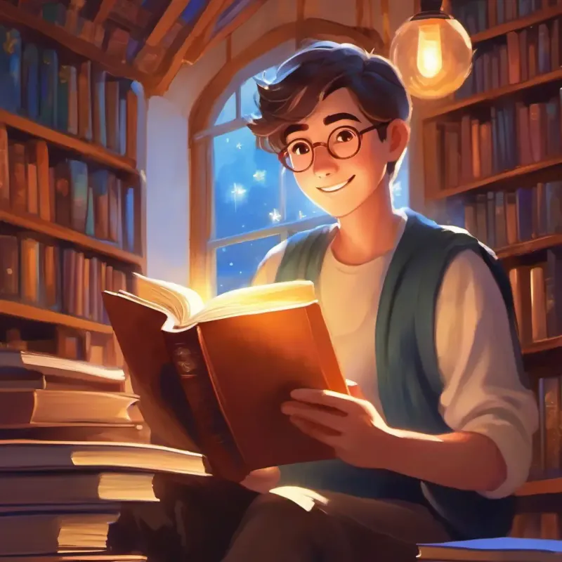 Person with twinkling eyes, always seen with a book, warm smile's hobby, storytelling