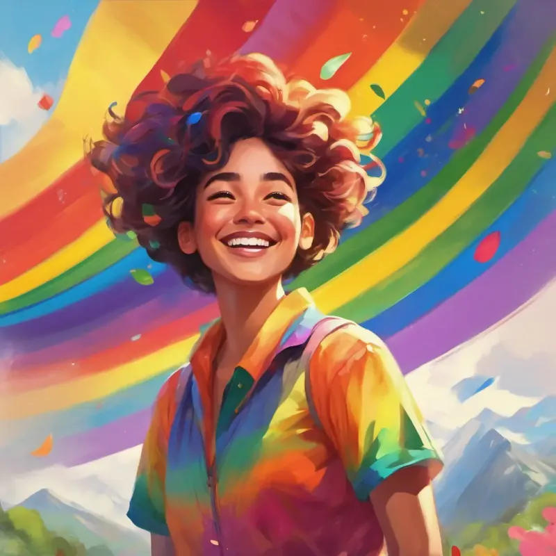 Person with a joyful face, diverse clothing style, striking hair color paints a rainbow, reflecting friendship