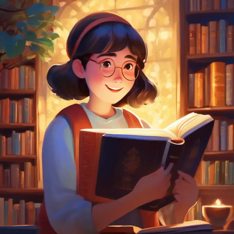 Person with twinkling eyes, always seen with a book, warm smile's inspired storytelling