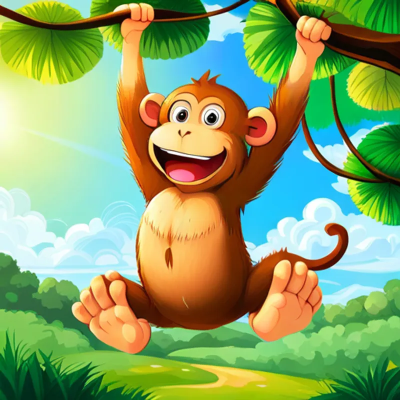 Monkey hanging from a tree and smiling