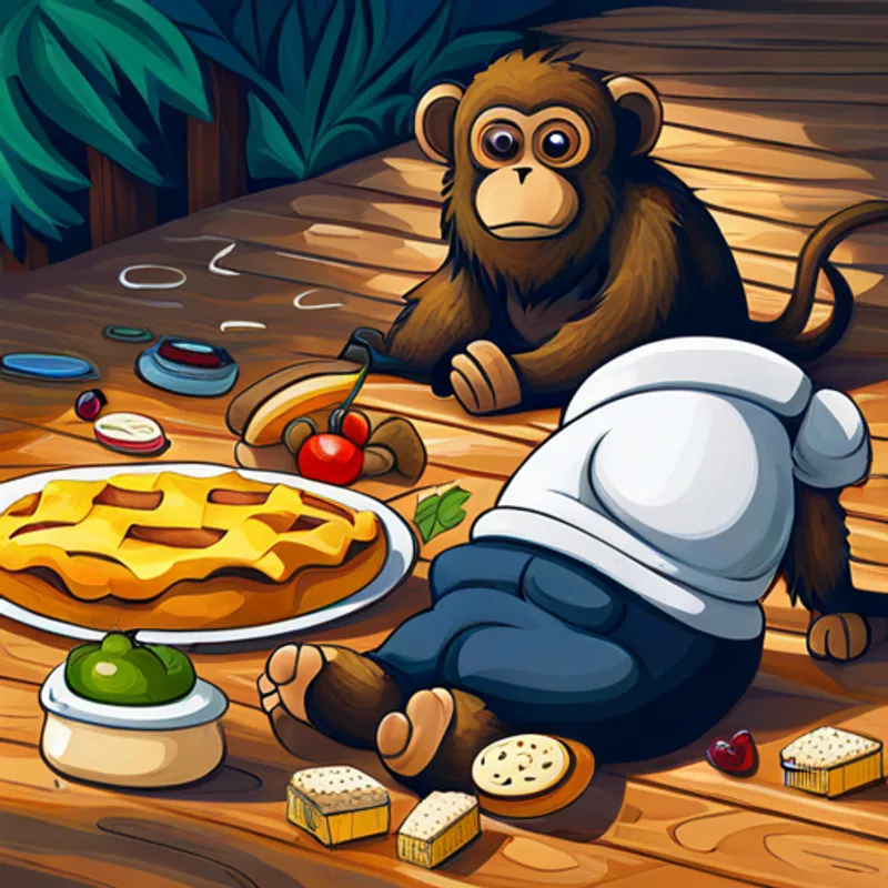 Monkey covered in pie, with pie on the ground