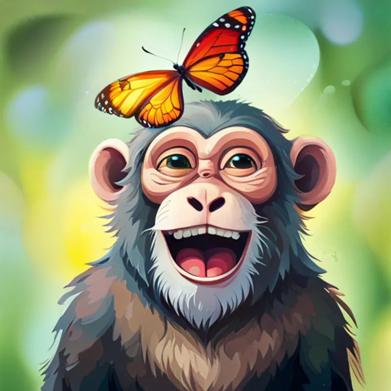 Monkey giggling with a butterfly on his head