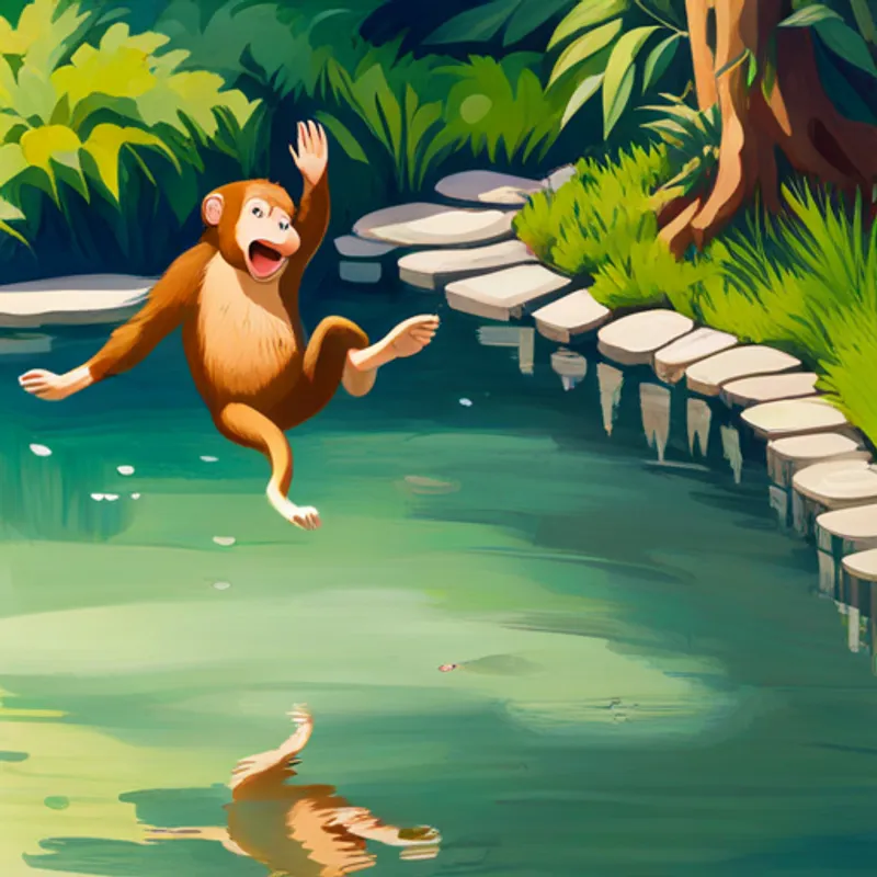 Monkey falling into a pond