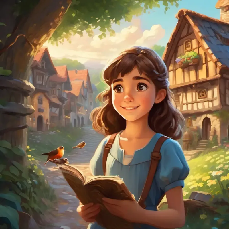 Curious girl with brown hair, bright smile, and sparkling eyes in the village, discovering the injured sparrow