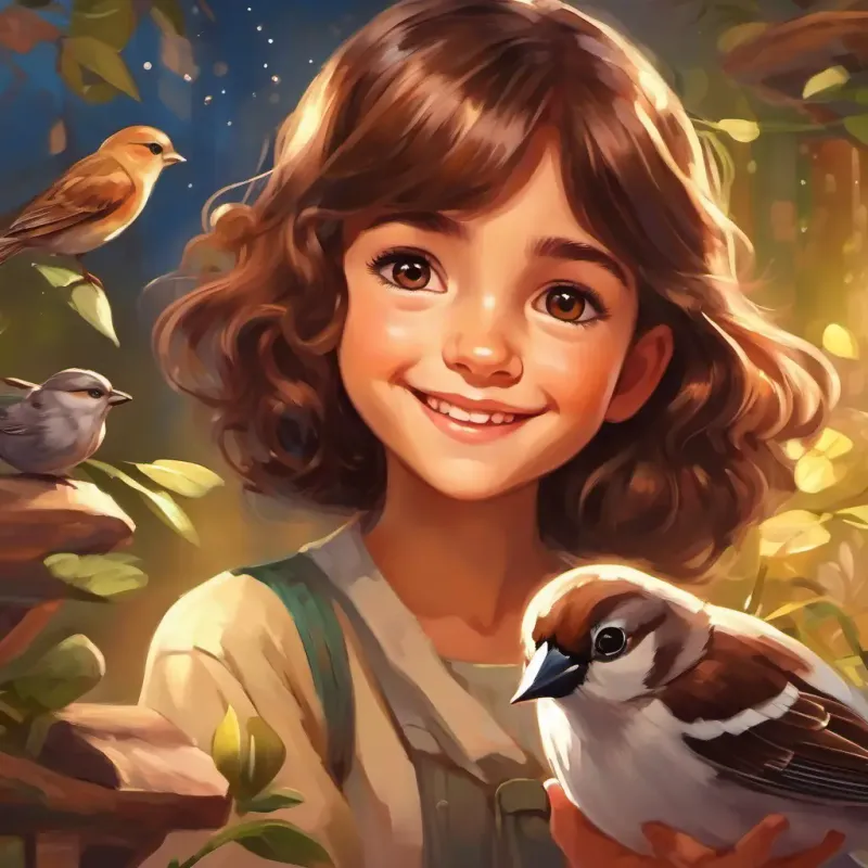 Curious girl with brown hair, bright smile, and sparkling eyes nurturing the sparrow and spending time together