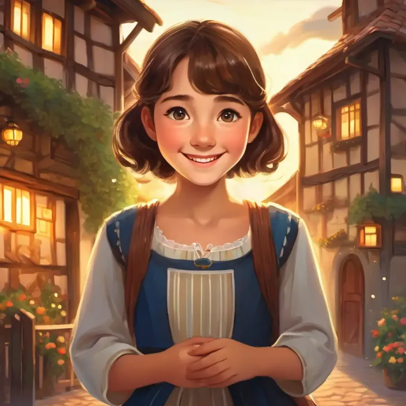 Curious girl with brown hair, bright smile, and sparkling eyes smiling with tears as the village celebrates their bond