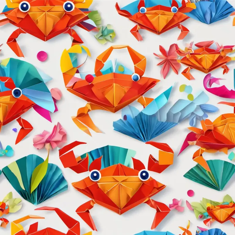 Crab, colorful shells, musical instruments, cheerful eyes the crab, with colorful castanets, croons catchy tunes, creating chuckles.