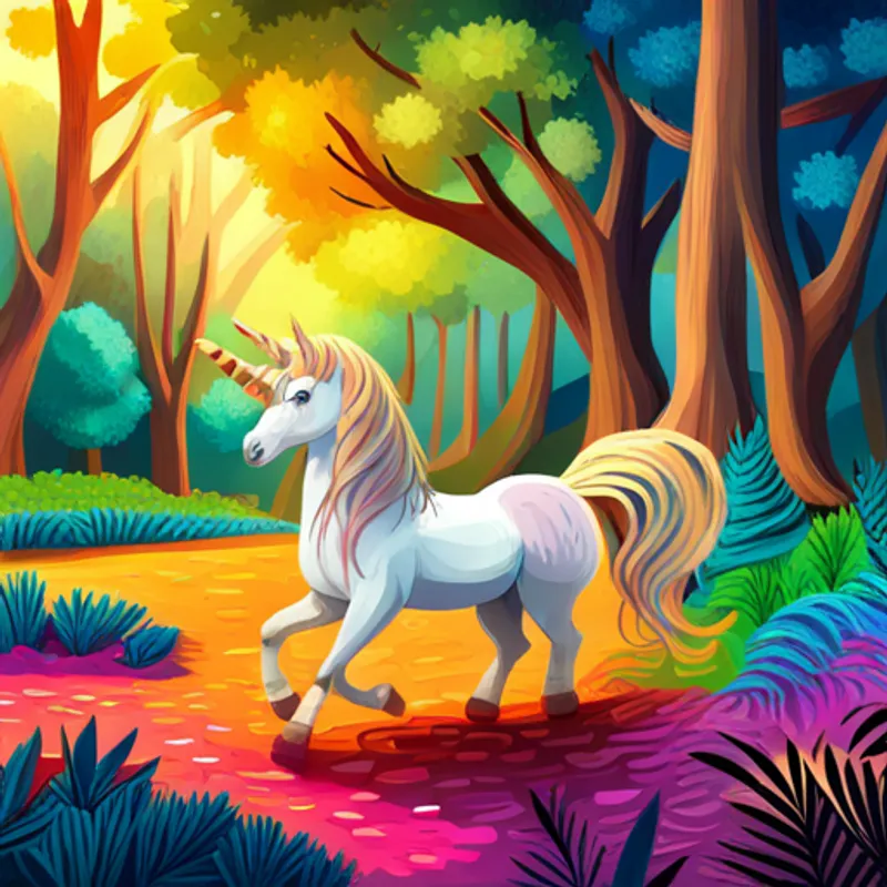 Cute unicorn with golden horn and flowing rainbow mane. and his friends playing under colorful trees