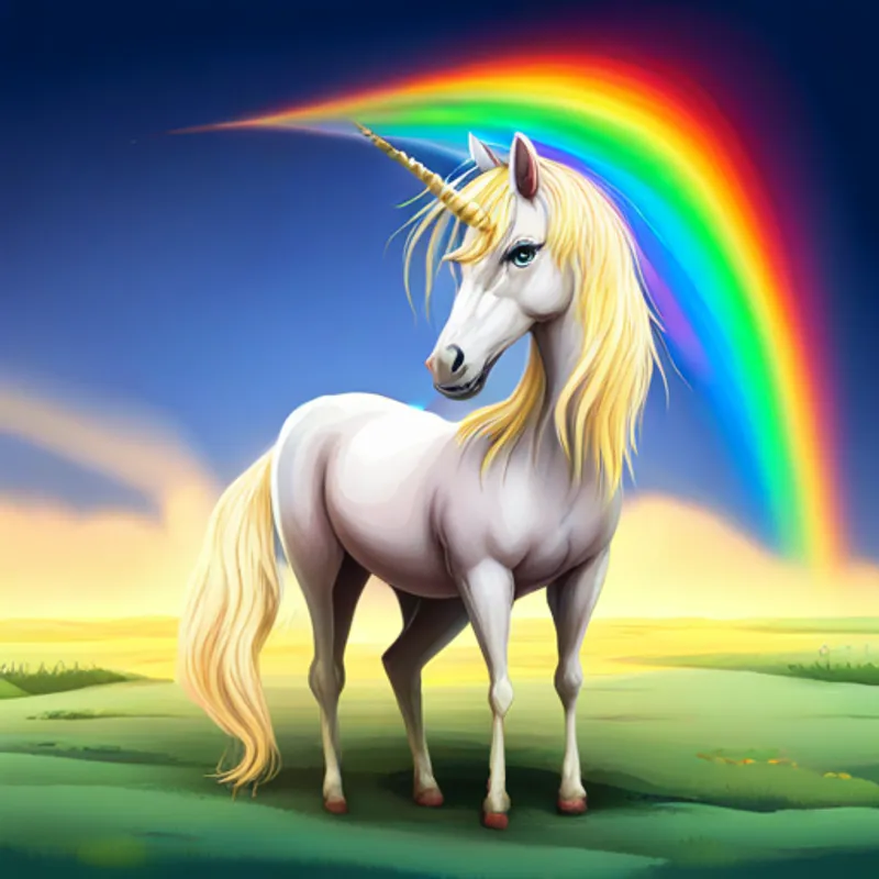 Cute unicorn with golden horn and flowing rainbow mane. looking surprised, hearing a mysterious noise