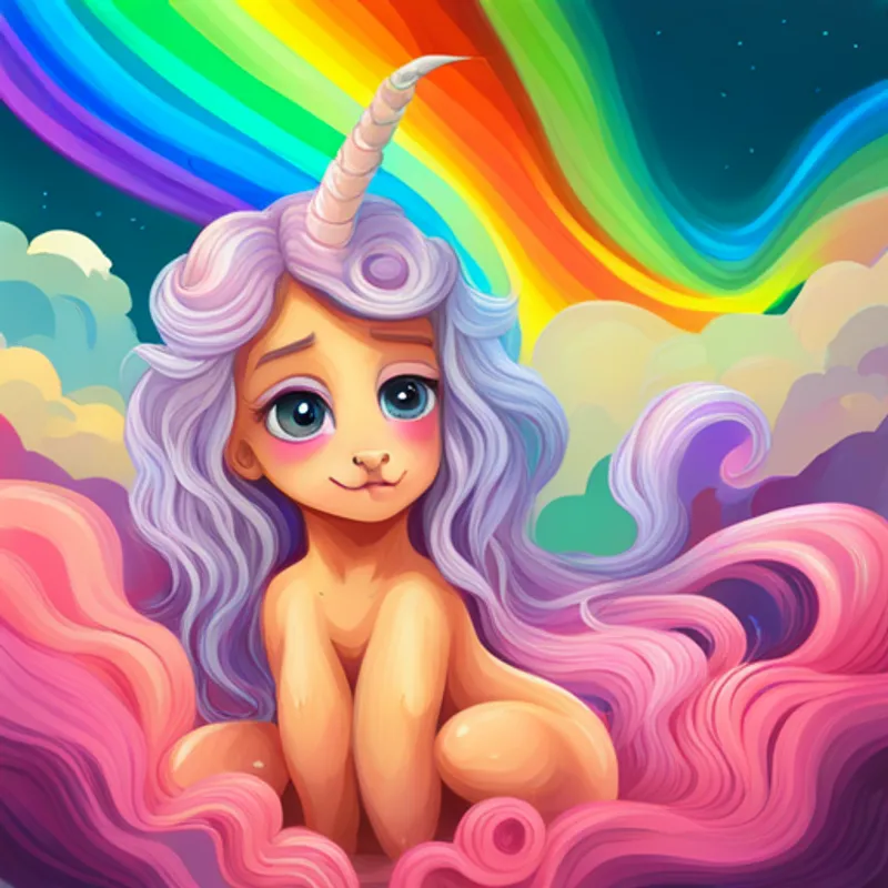 Cute unicorn with golden horn and flowing rainbow mane. finding a cute baby dragon with pink scales