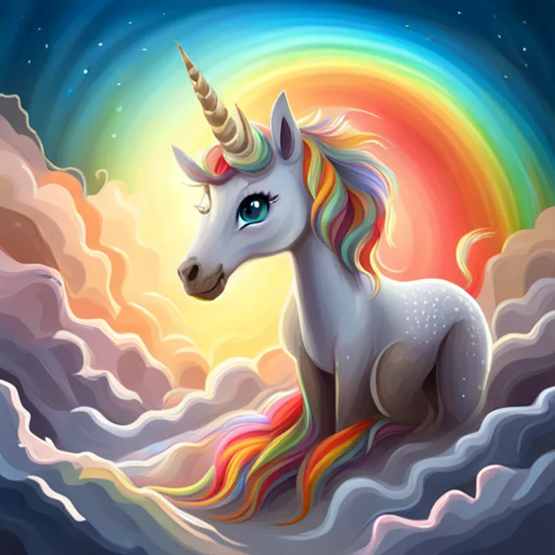 Cute unicorn with golden horn and flowing rainbow mane. comforting the baby dragon with kind eyes