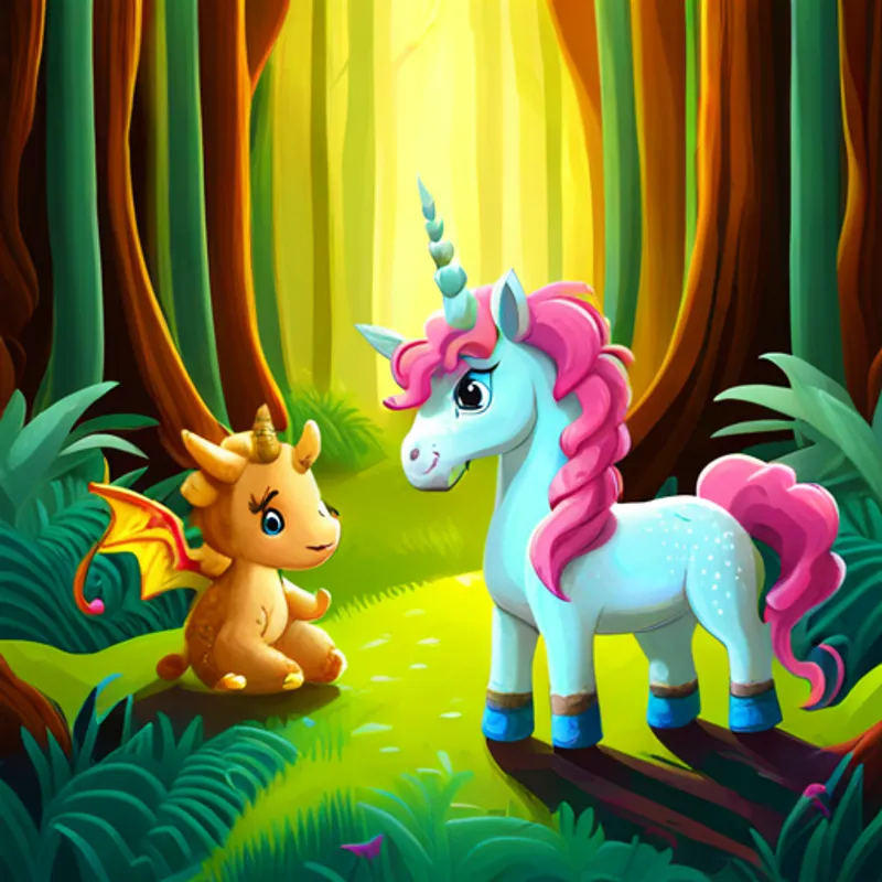 Cute unicorn with golden horn and flowing rainbow mane. and the baby dragon walking through a magical forest
